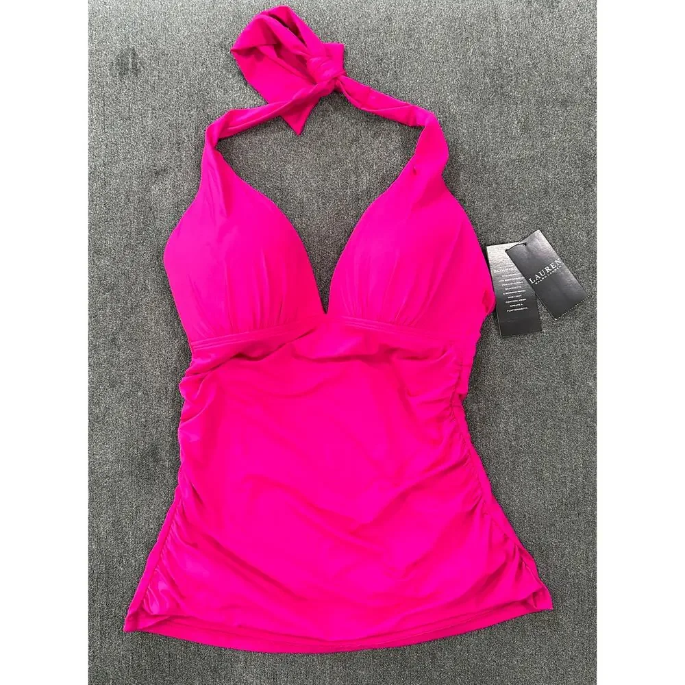 Ralph Lauren Beach Club Solid Molded Cup Halter Tankini Top Hot Pink Size 4 NWT